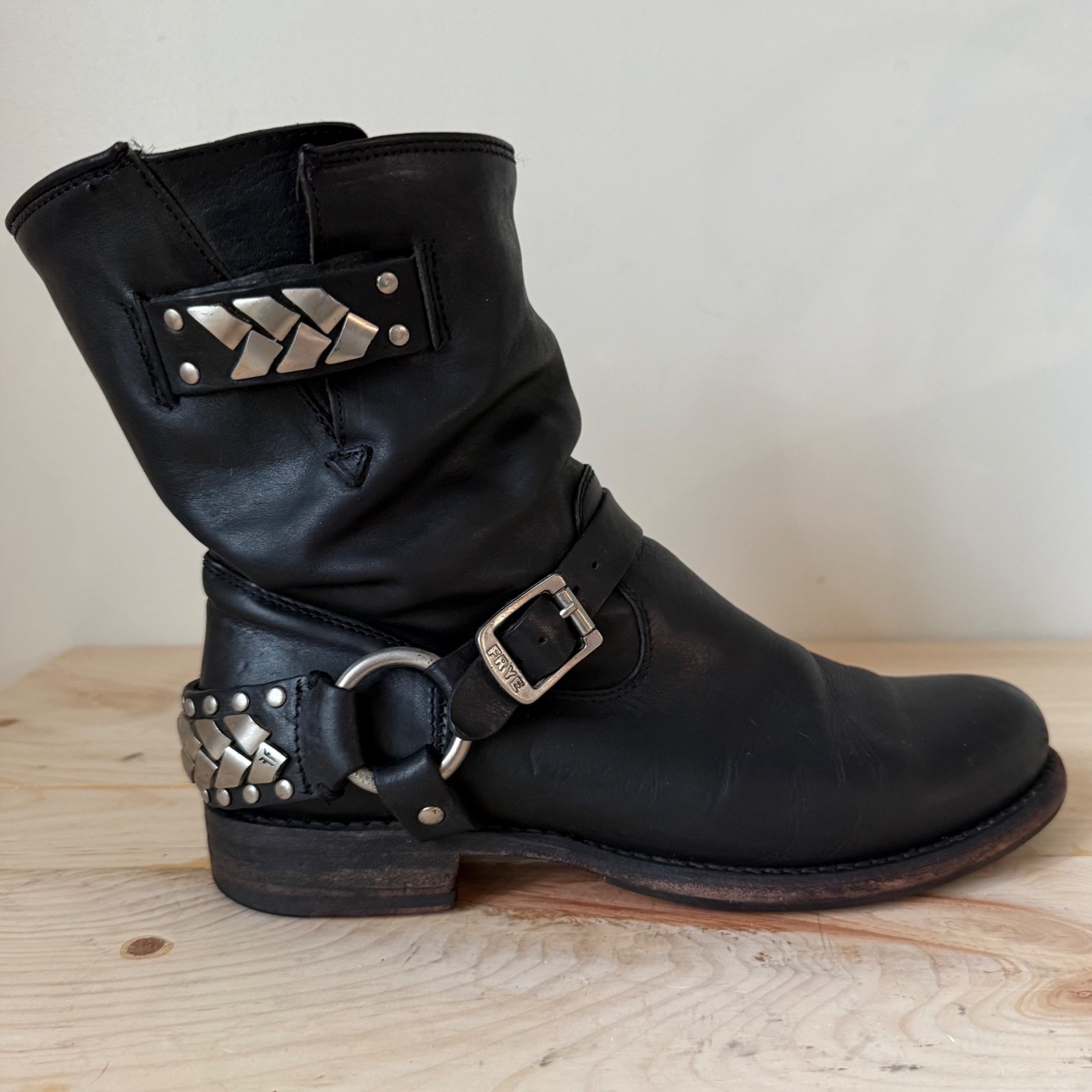 Vintage 90’s Frye Black Leather Harness Moto Boots With Silver Hardware